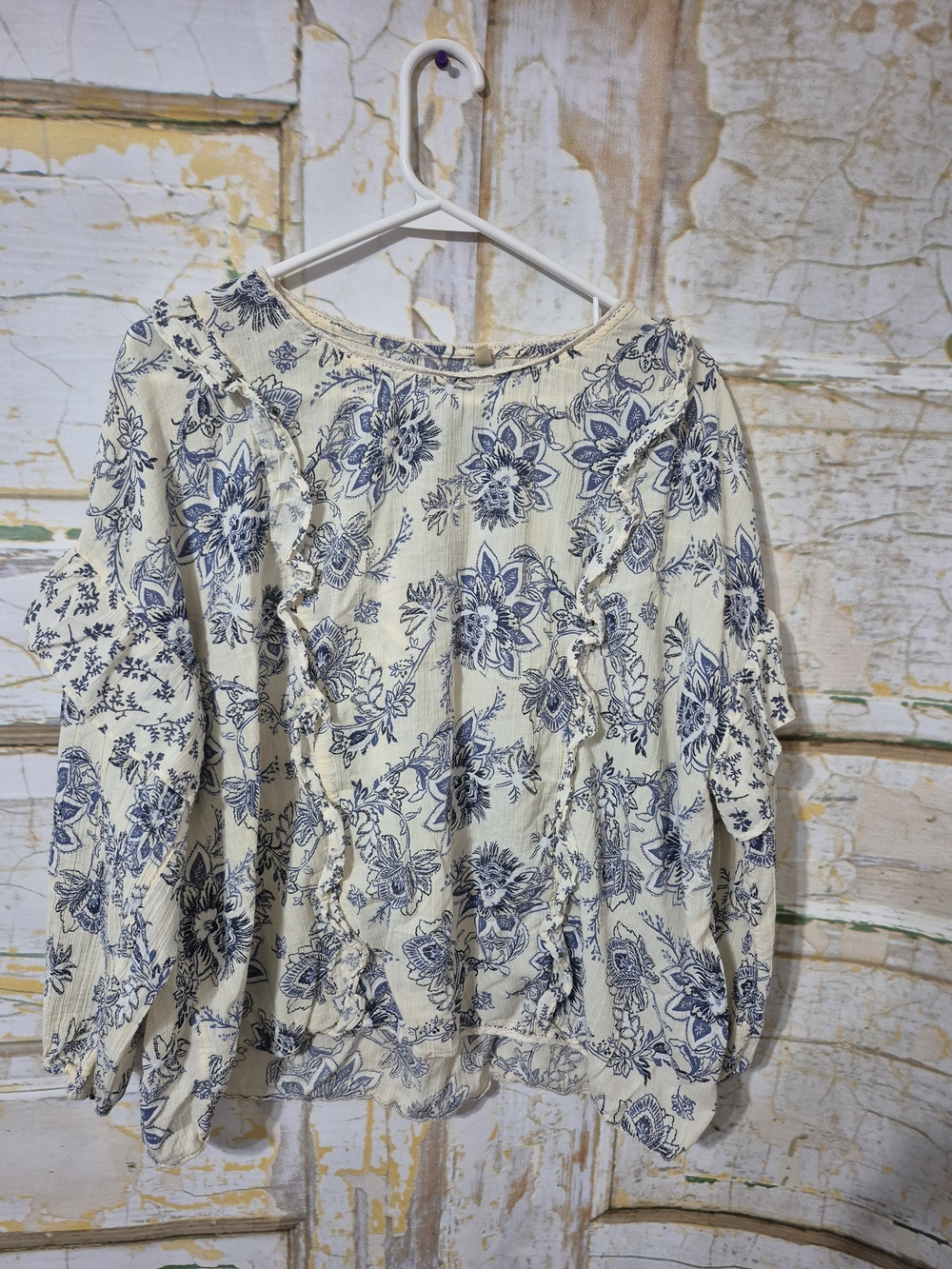 Women's Floral Peasant Blouse - Blue on Cream
